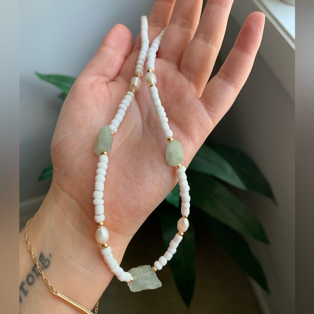 3A. Handmade Green Calcite and Natural Pearl Beaded Necklace